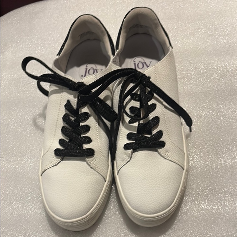 Joy White Leather Sneakers with Black Glittery Laces Size 8.5